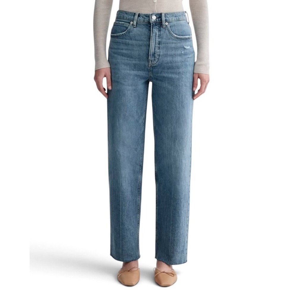 Everlane Way‑High Jean 29 Regular Distressed Vintage Indigo Raw Hem Straight Leg